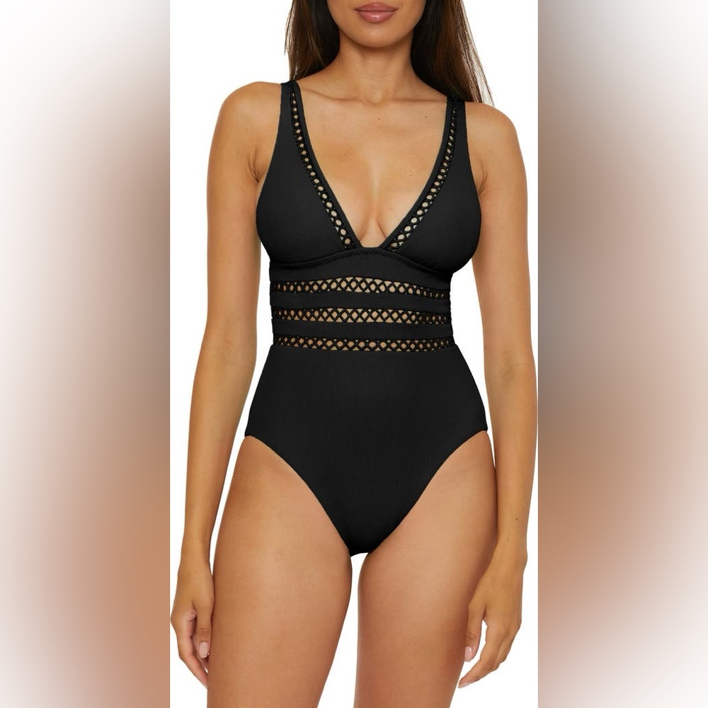 BECCA Open Knit Inset One-Piece Swimsuit Medium Black NWT